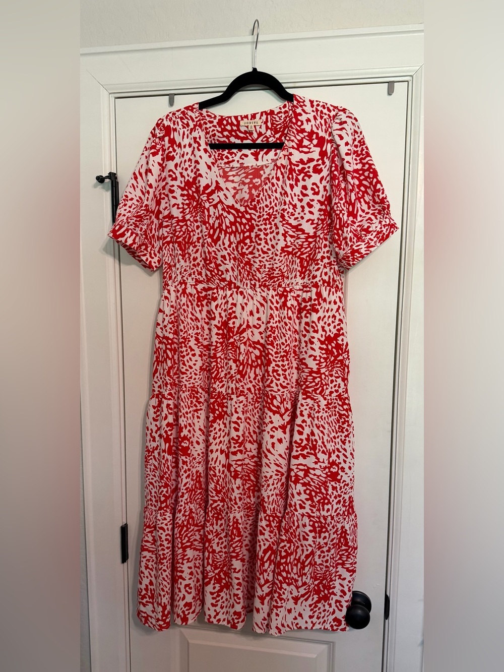 JODIFL Red and White Printed Midi Dress